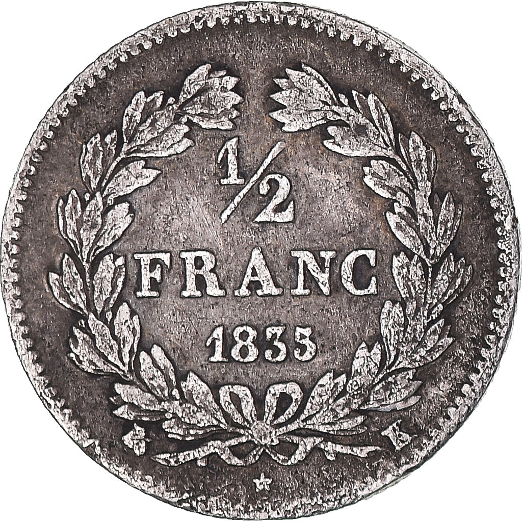 Münze, Frankreich, Louis-Philippe, 1/2 Franc, 1835, Bordeaux, Rare, S+, Silber