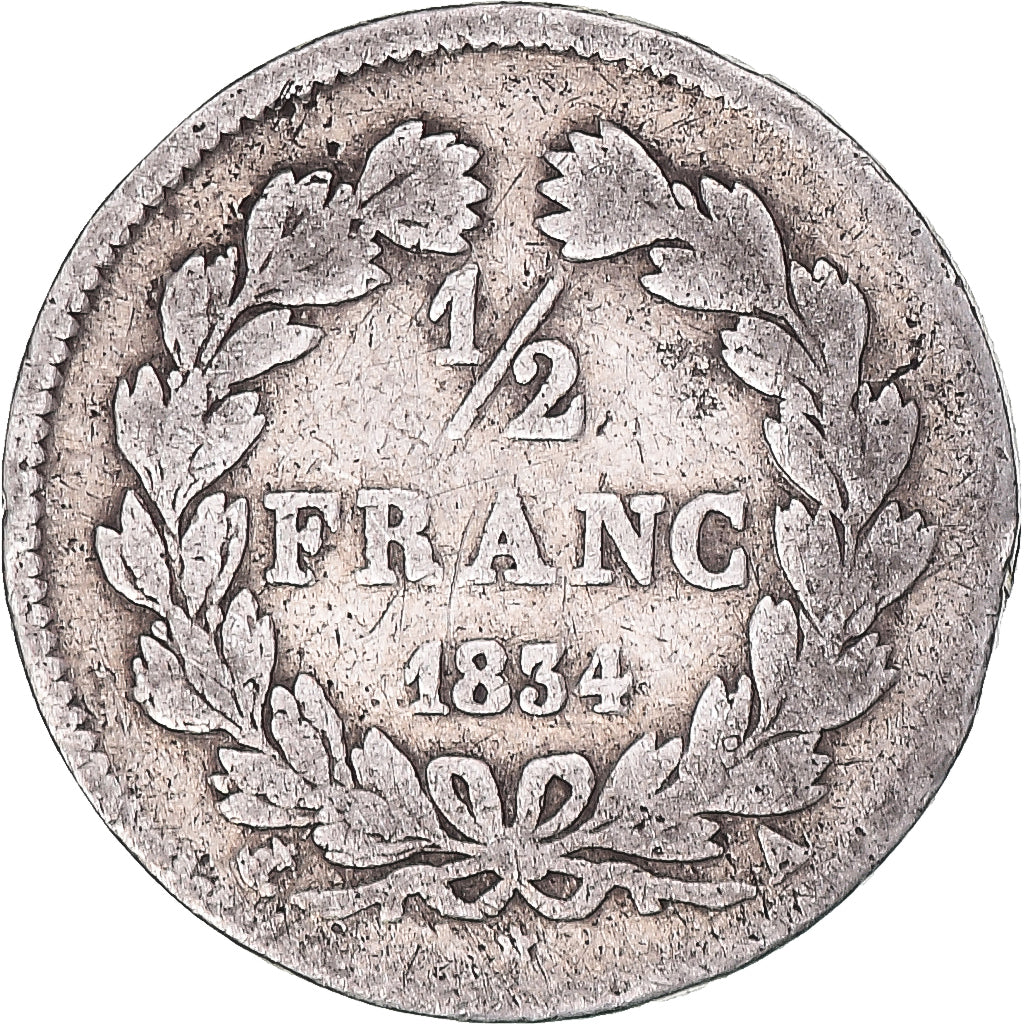 Moneta, Francia, Louis-Philippe, 1/2 Franc, 1834, Paris, MB+, Argento, KM:741.1