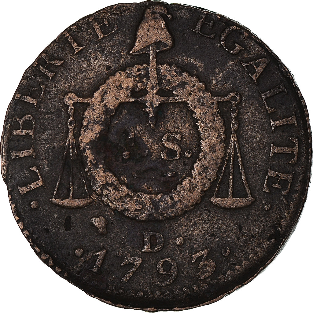 Coin, France, Convention, Sol aux Balances, 1793, Dijon, EF(40-45), Métal de