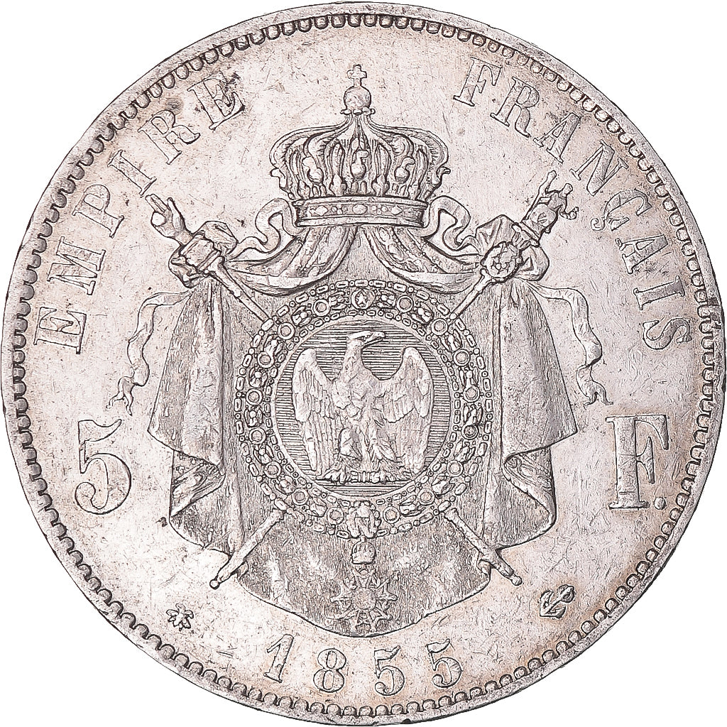 Munten, Frankrijk, Napoleon III, 5 Francs, 1855, Strasbourg, Rare, ZF+, Zilver