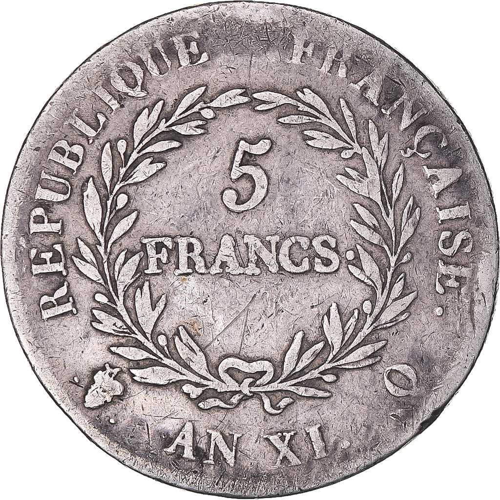 Moeda, França, Bonaparte Premier Consul, 5 Francs, An XI, Perpignan, VF(30-35)
