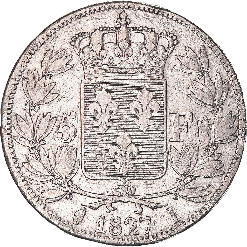 Moeda, França, Charles X, 5 Francs, 1827, Limoges, VF(20-25), Prata, KM:728.6