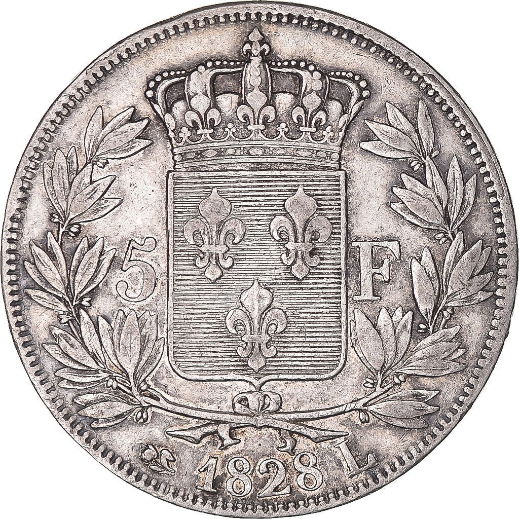 Moeda, França, Charles X, 5 Francs, 1828, Bayonne, EF(40-45), Prata, KM:728.8