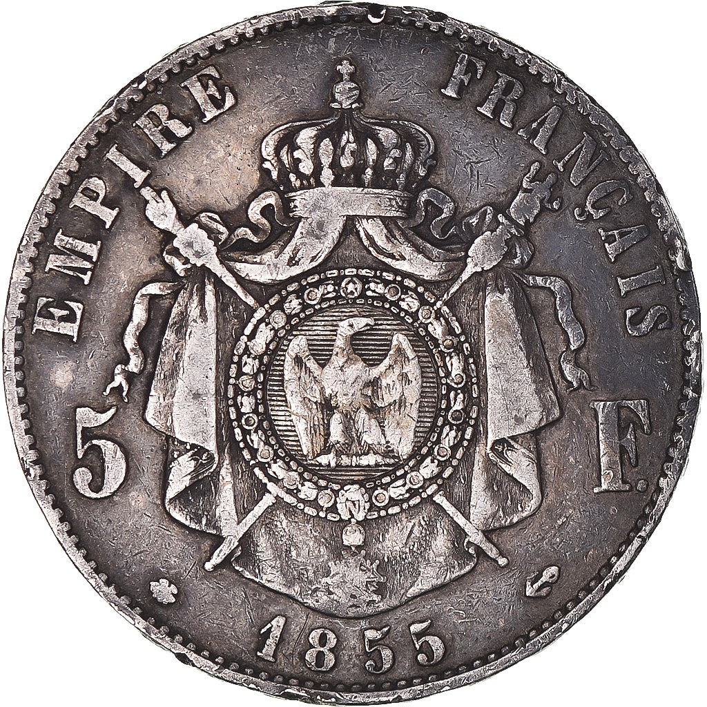 Moeda, França, Napoleon III, 5 Francs, 1855, Strasbourg, VF(30-35), Prata