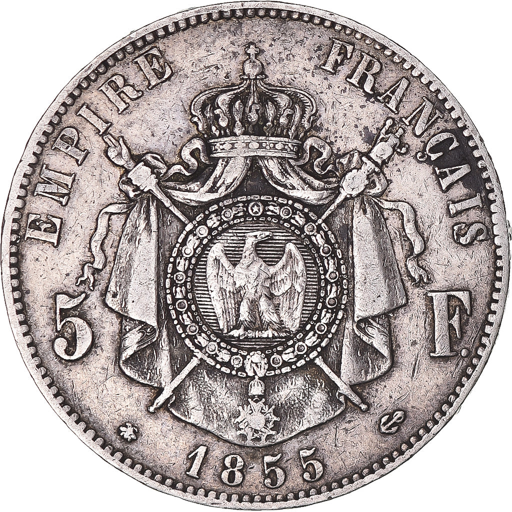Moeda, França, Napoleon III, 5 Francs, 1855, Strasbourg, VF(30-35), Prata