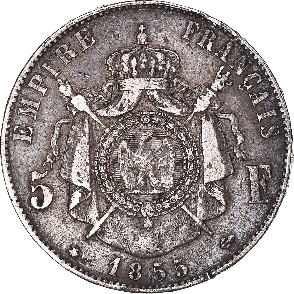 Moeda, França, Napoleon III, 5 Francs, 1855, Strasbourg, VF(30-35), Prata