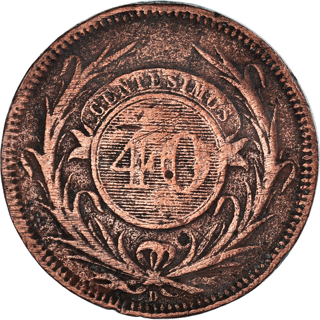 Coin, Uruguay, 40 Centesimos, 1857, Lyon, France, F(12-15), Copper, KM:10