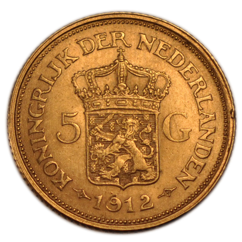 Netherlands, 5 Gulden, 1912, Utrecht, KM #151, AU(55-58), Gold, 18, 3.37