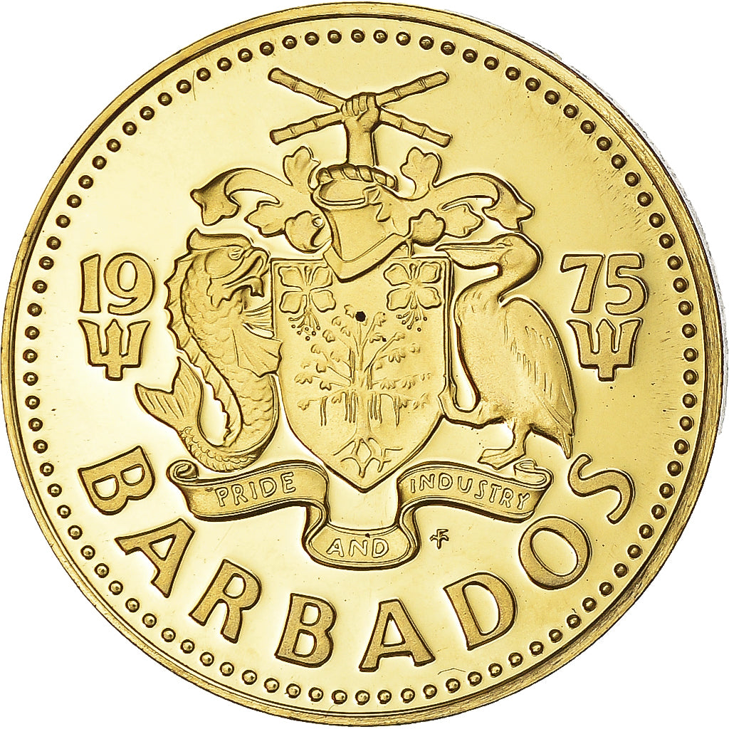 Coin, Barbados, 5 Cents, 1975, Franklin Mint, Proof, MS(65-70), Brass, KM:11