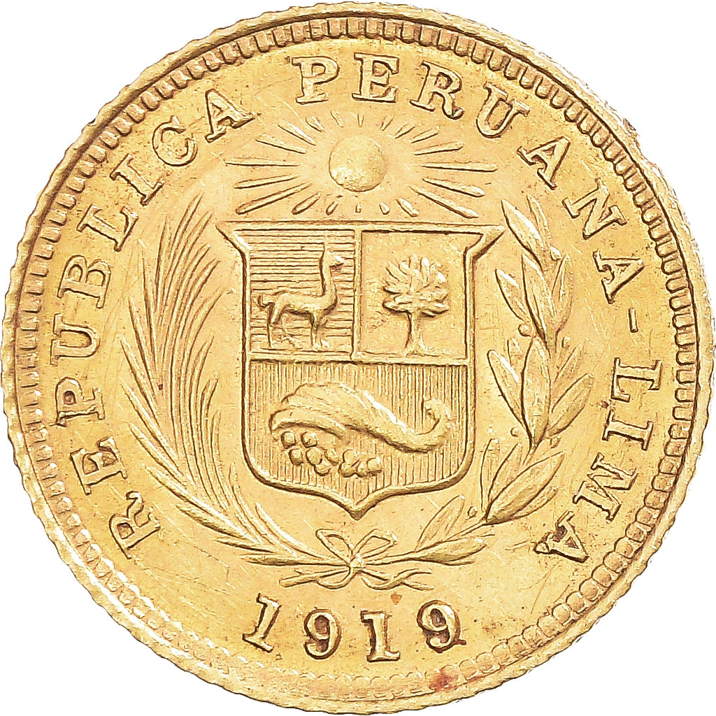 Moneda, Perú, 1/5 Libra, Pound, 1919, Lima, MBC+, Oro, KM:210