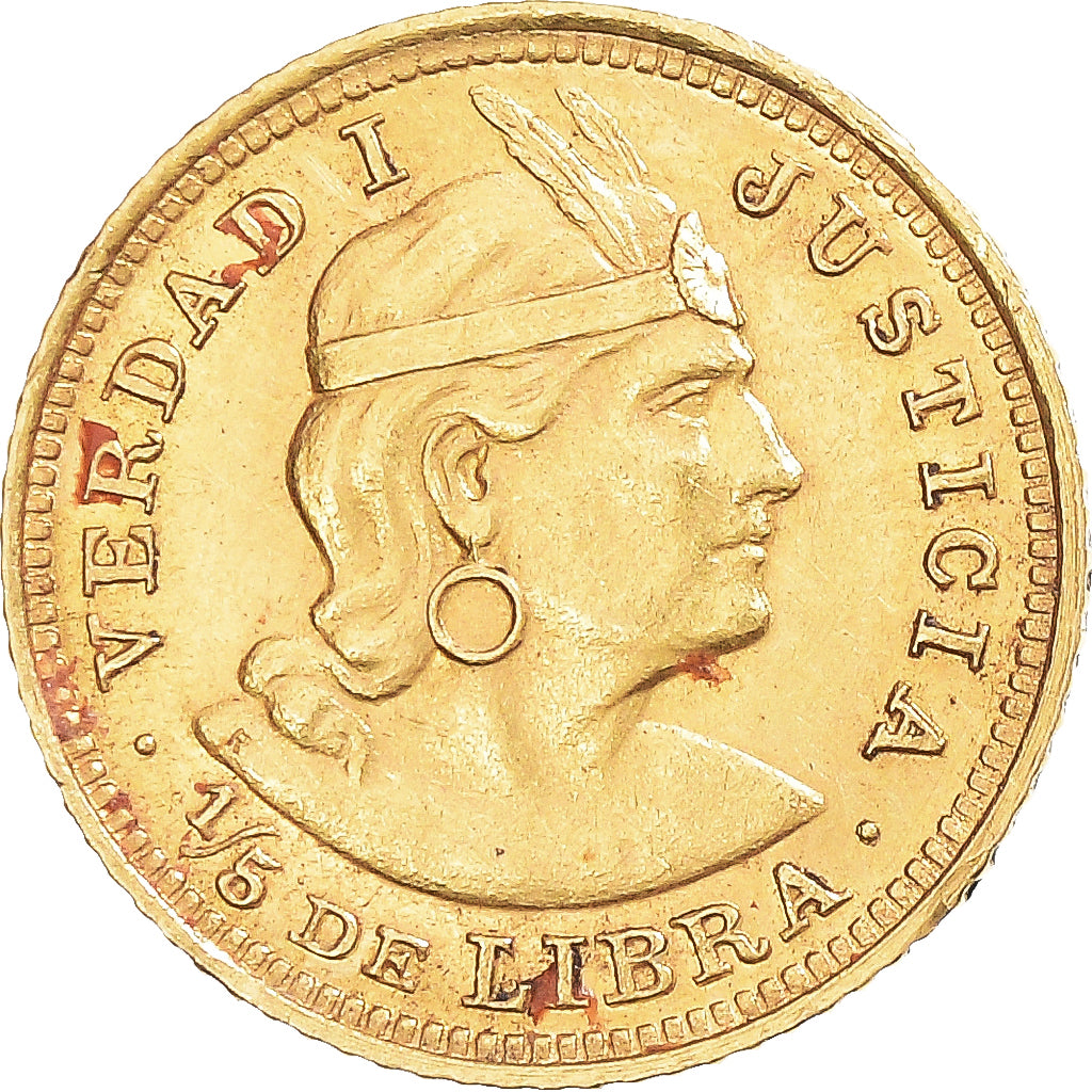Moneda, Perú, 1/5 Libra, Pound, 1919, Lima, MBC+, Oro, KM:210