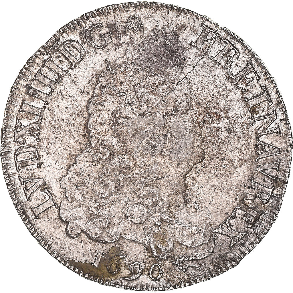 Moneta, Francia, Louis XIV, Écu aux 8 L, Ecu, 1690, Rennes, Flan fissuré, BB+