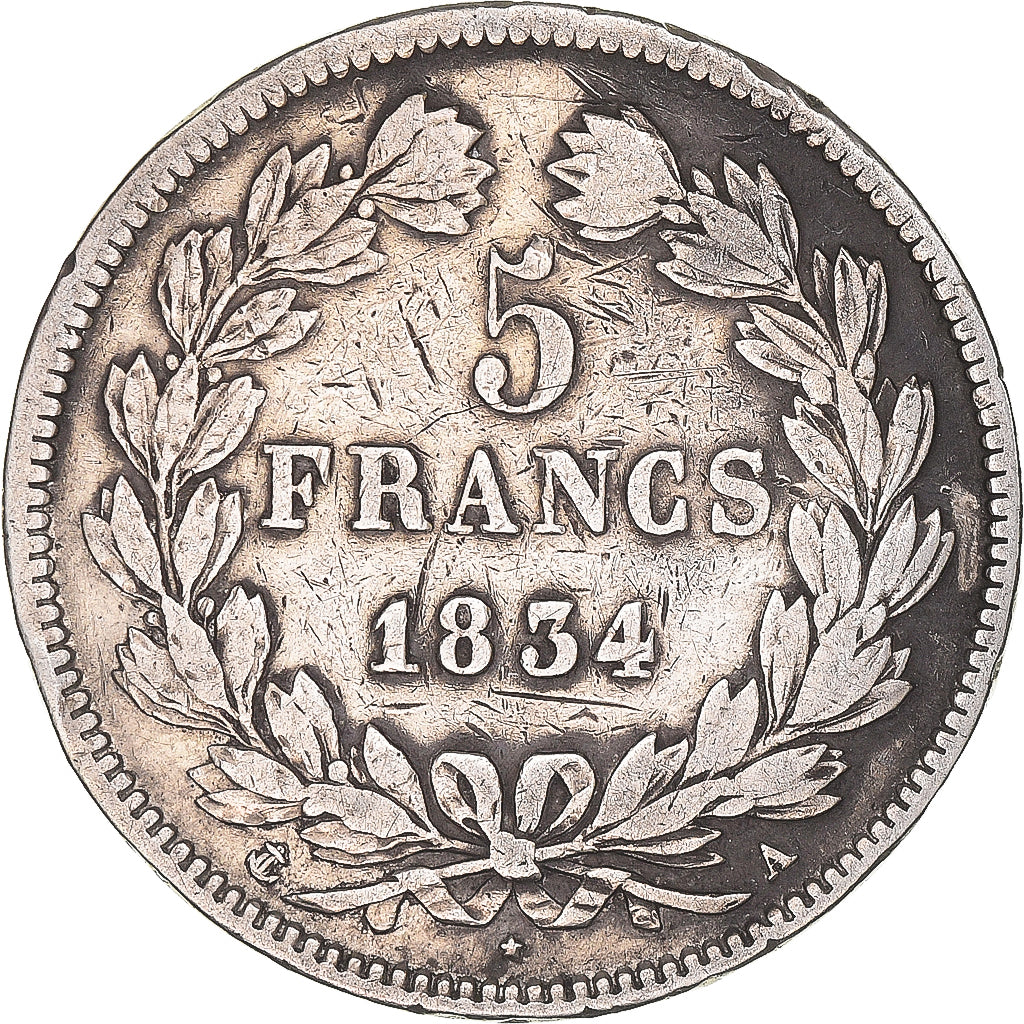 Münze, Frankreich, Louis-Philippe, 5 Francs, 1834, Paris, S+, Silber, KM:749.1