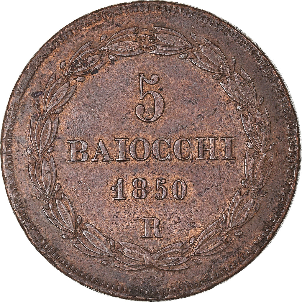 Moneta, DEPARTAMENTY WŁOSKIE, PAPAL STATES, Pius IX, 5 Baiocchi, 1850, Rome