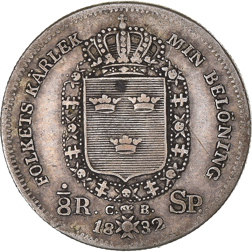 Moneta, Svezia, Carl XIV Johan, 1/8 Riksdaler, 1832, BB+, Argento, KM:626