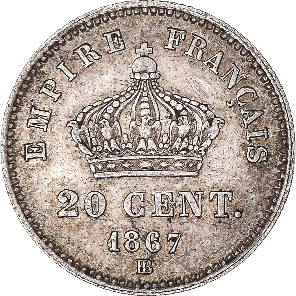 Moneda, Francia, Napoleon III, 20 Centimes, 1867, Strasbourg, MBC+, Plata