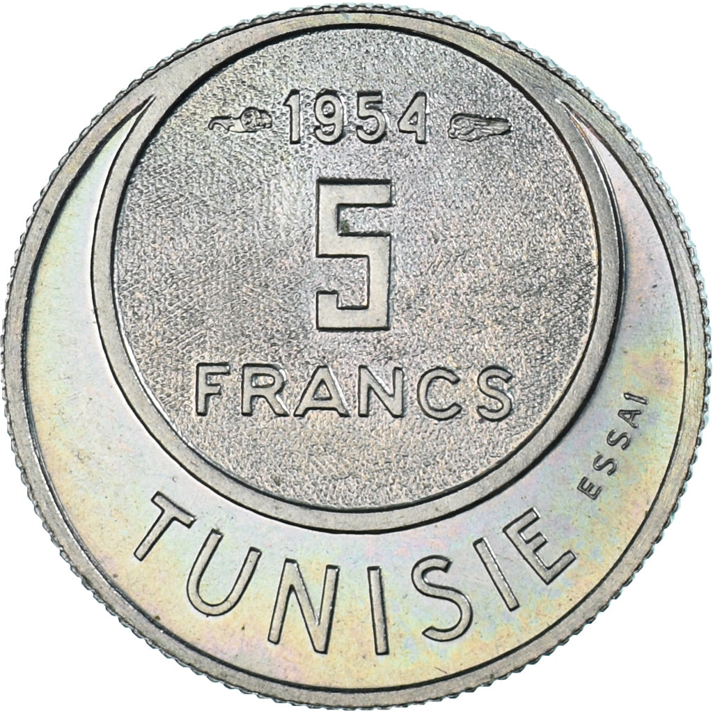 Coin, Tunisia, Muhammad al-Amin Bey, 5 Francs, 1954, Paris, ESSAI, MS(63)