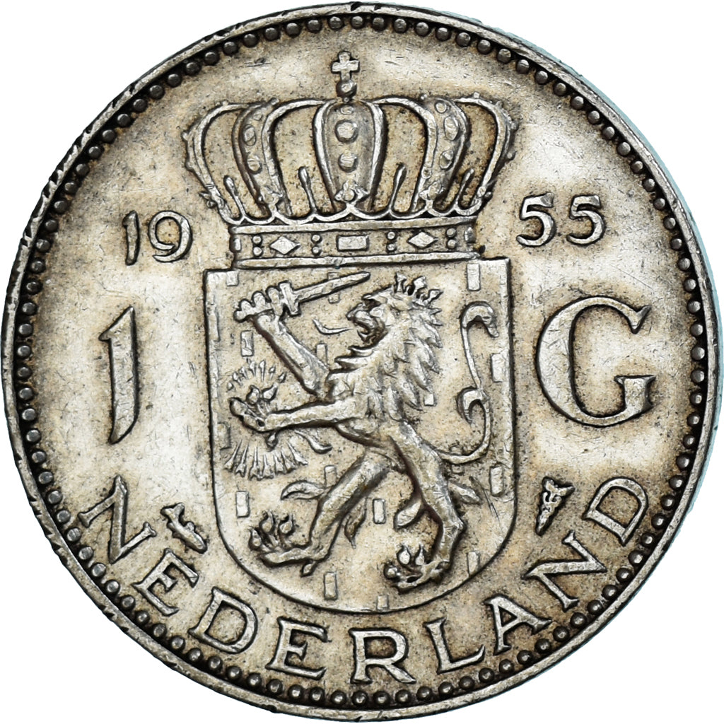 Coin, Netherlands, Juliana, Gulden, 1955, AU(50-53), Silver, KM:184