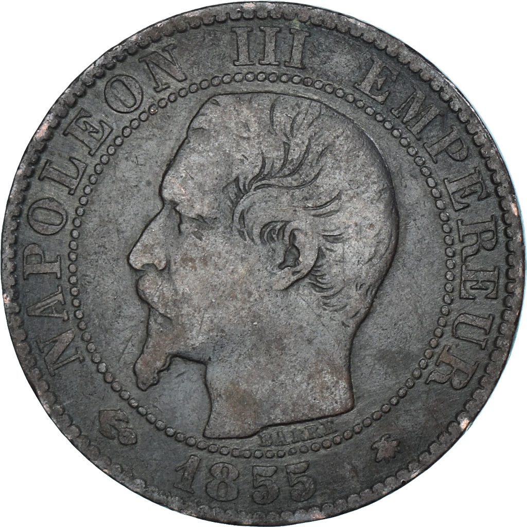 Moneda, Francia, Napoleon III, 5 Centimes, 1855, Strasbourg, ancre, BC+, Bronce