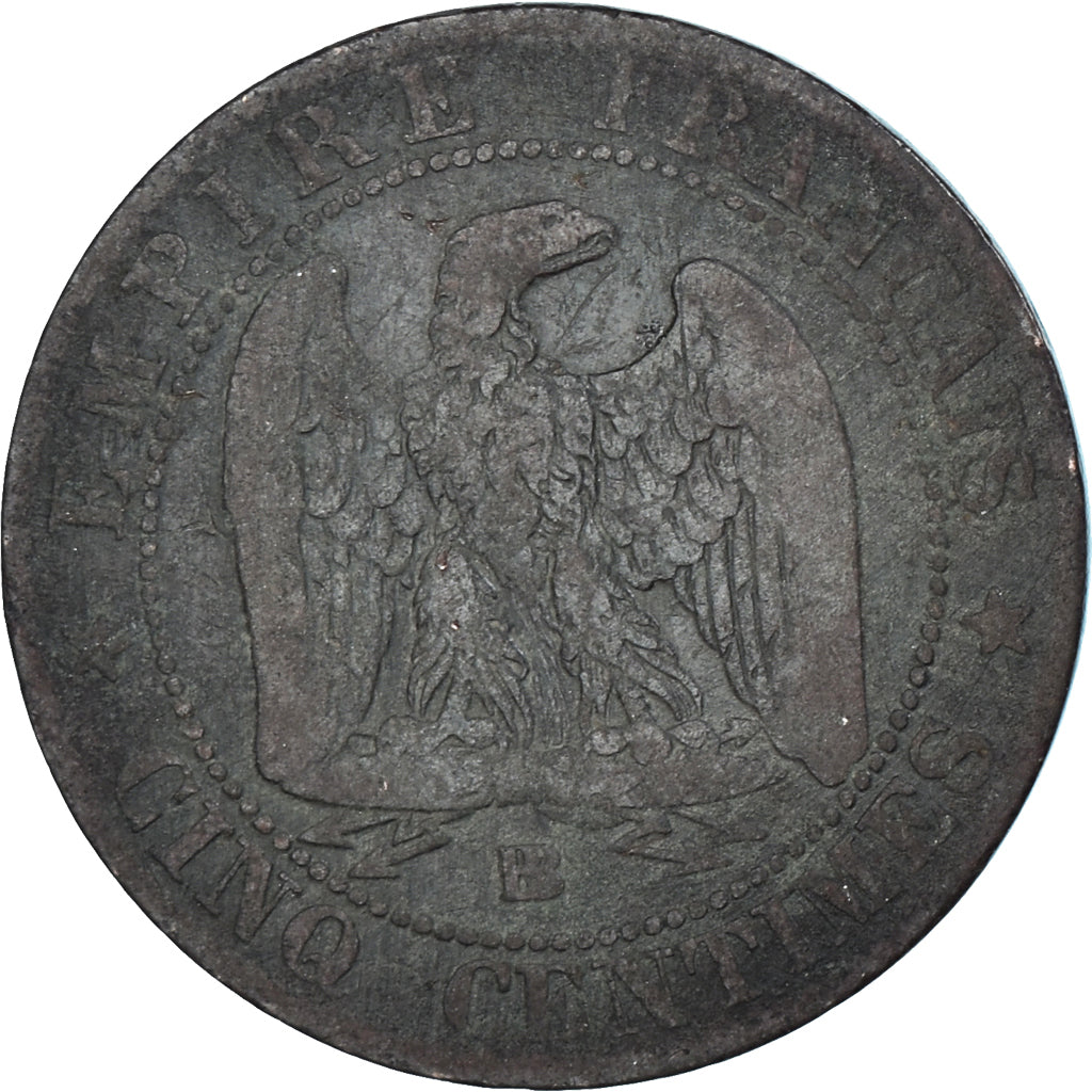 Moneda, Francia, Napoleon III, 5 Centimes, 1855, Strasbourg, ancre, BC+, Bronce