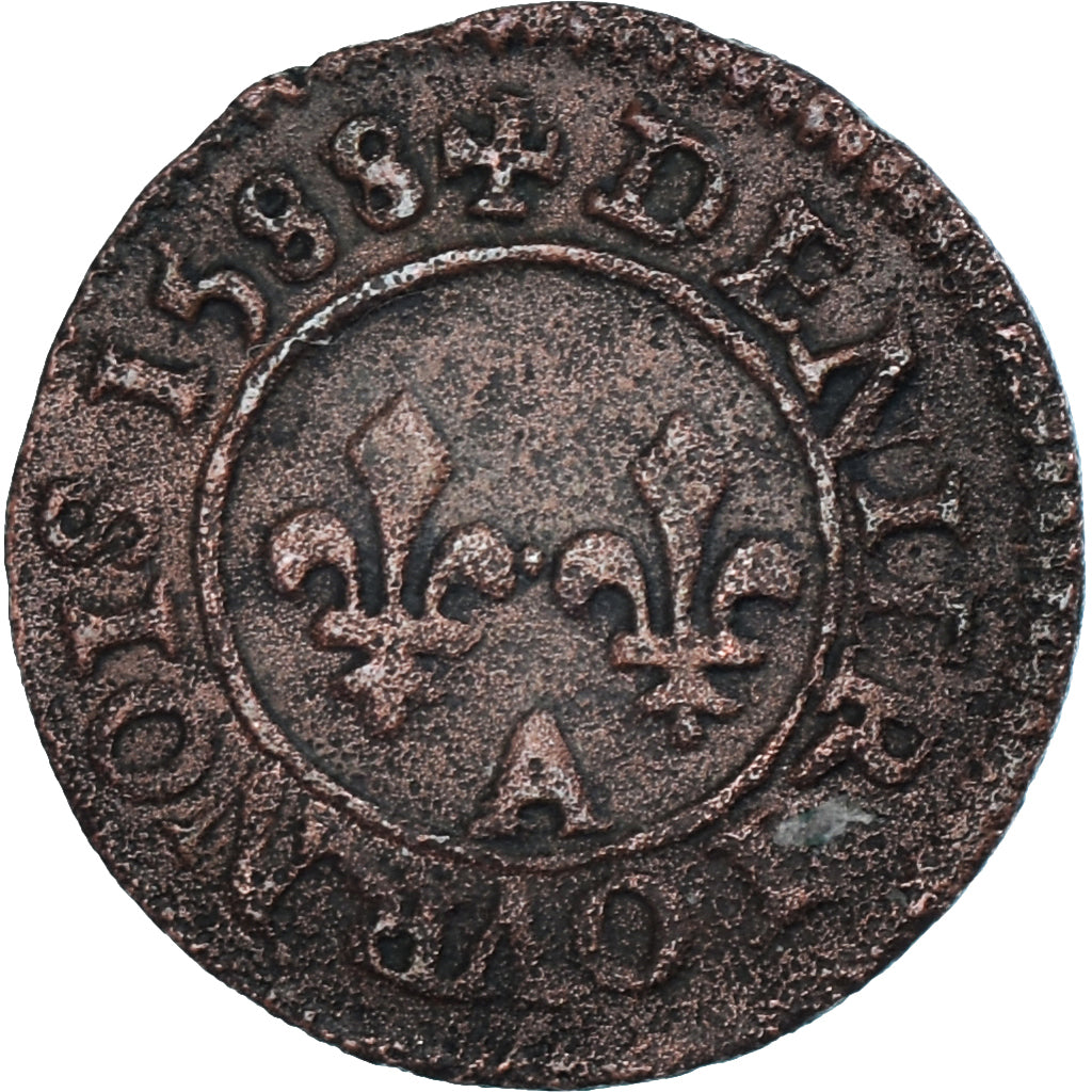 Moneda, Francia, Henri III, Denier Tournois, 1588, Paris, MBC, Cobre