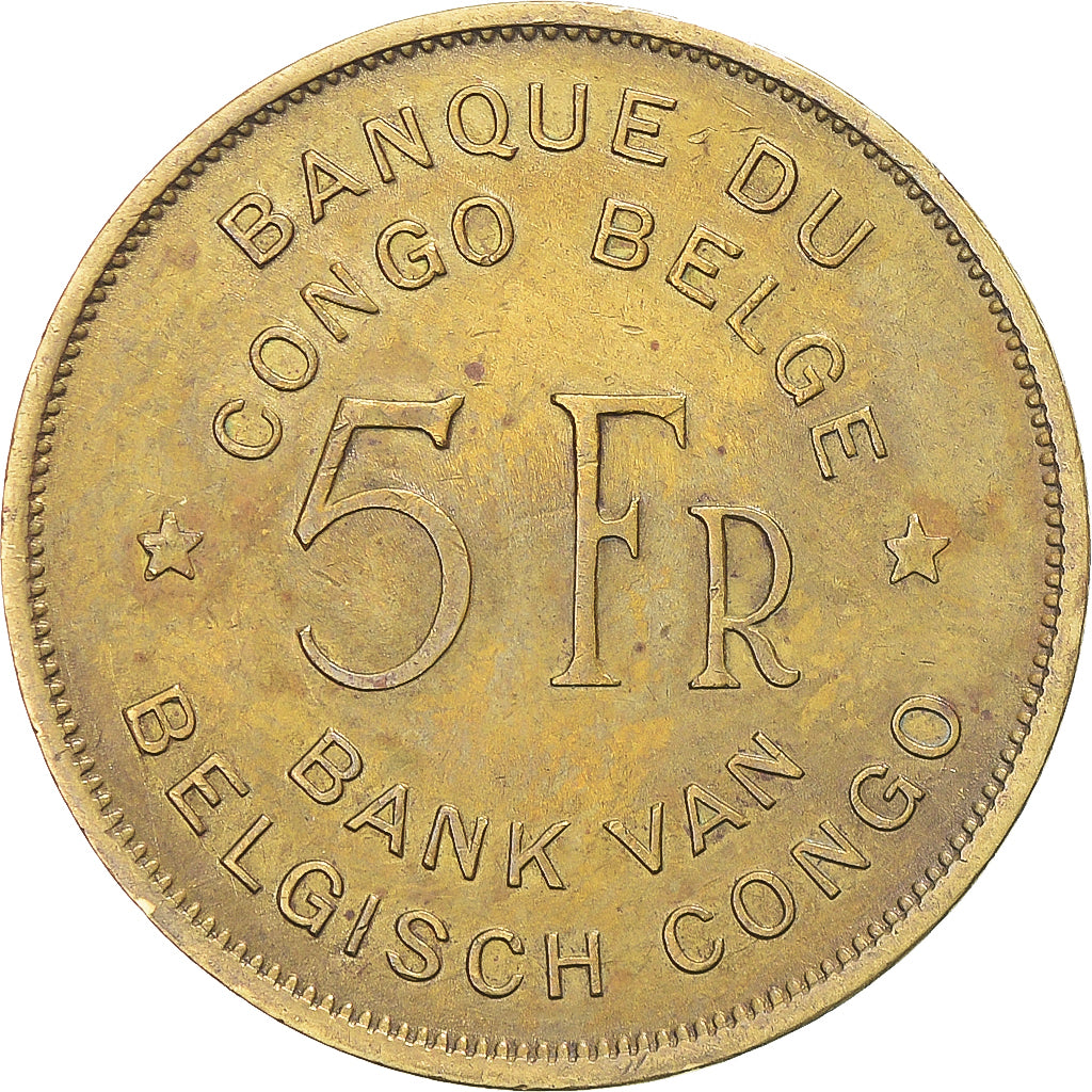 Coin, Belgian Congo, Régence Prince Charles, 5 Francs, 1947, EF(40-45), Brass