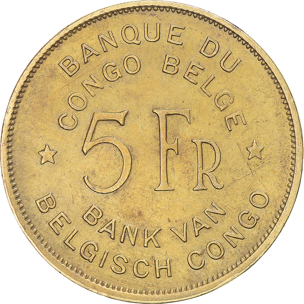 Coin, Belgian Congo, Régence Prince Charles, 5 Francs, 1947, EF(40-45), Brass