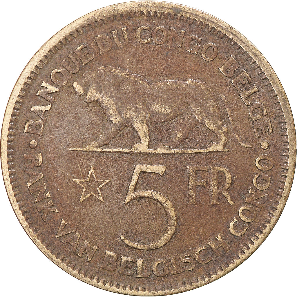 Coin, Belgian Congo, Leopold III, 5 Francs, 1937, VF(30-35), Nickel-Bronze