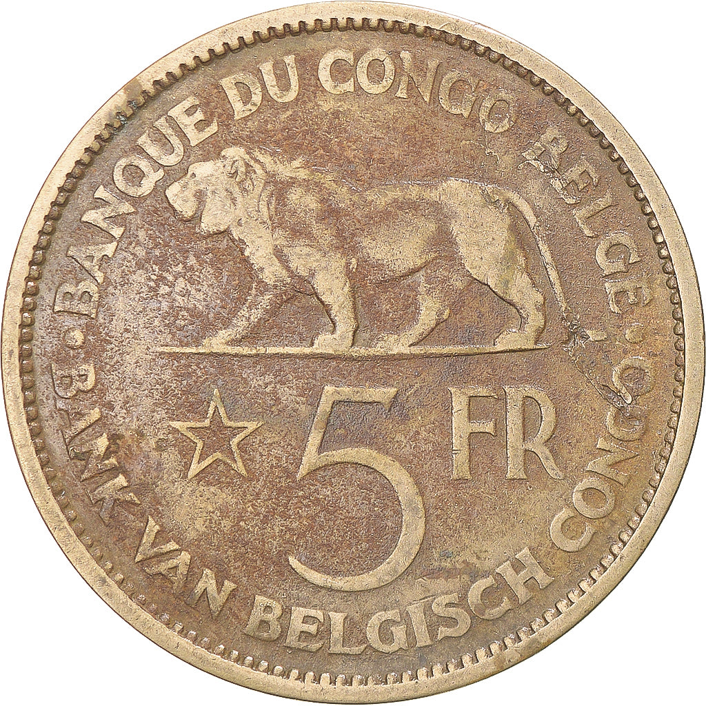 Coin, Belgian Congo, Leopold III, 5 Francs, 1936, VF(30-35), Nickel-Bronze