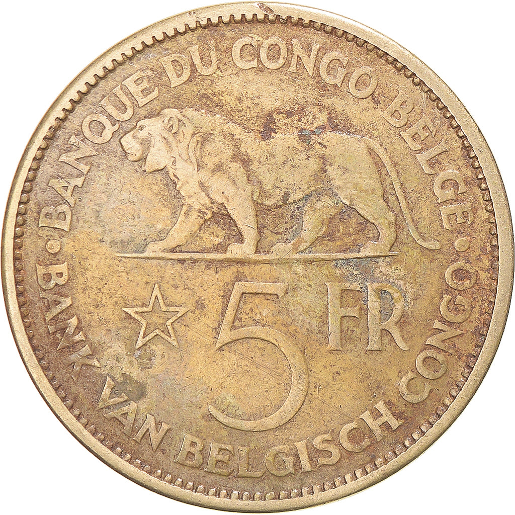 Coin, Belgian Congo, Leopold III, 5 Francs, 1936, VF(30-35), Nickel-Bronze