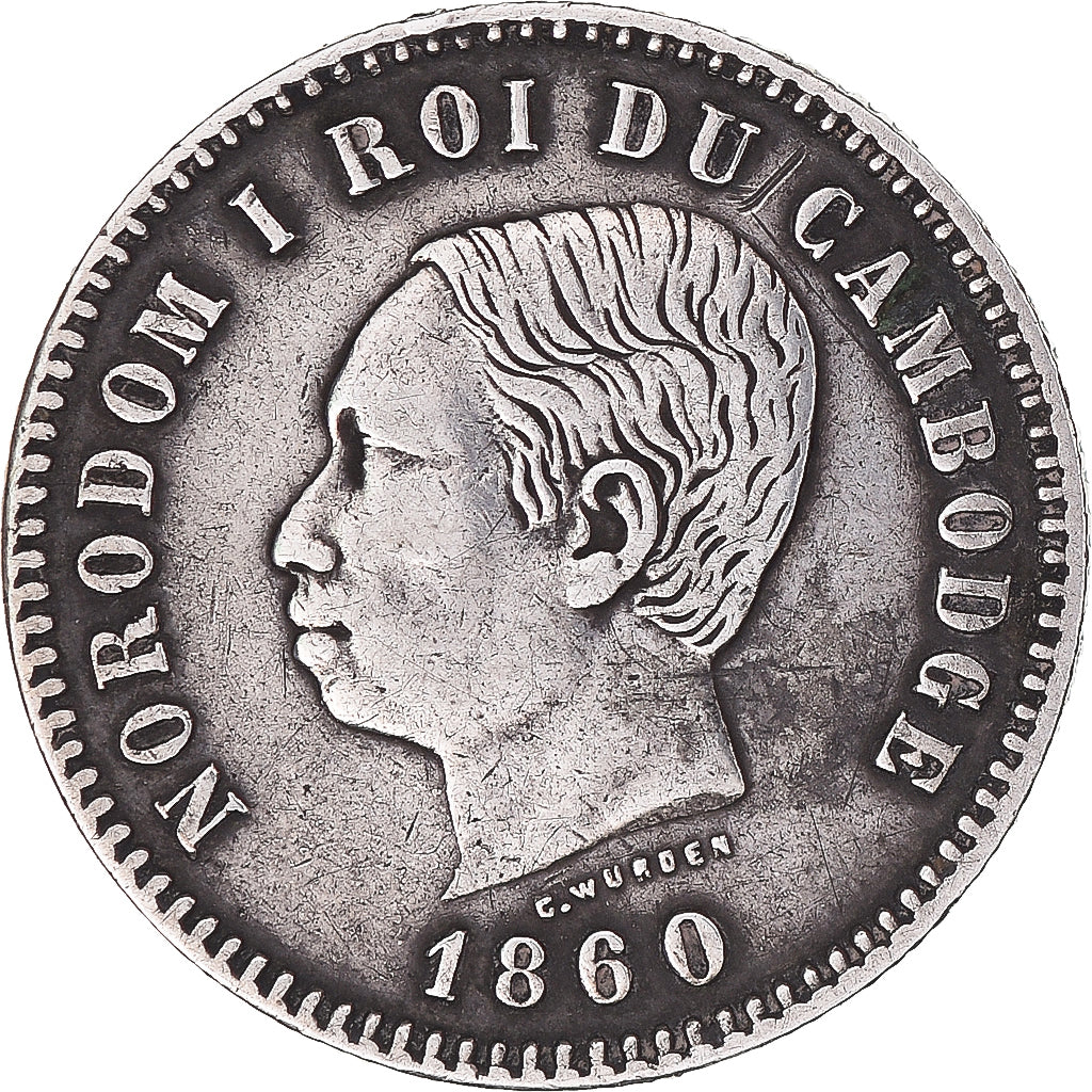 Coin, Cambodia, Norodom I, Franc, 1860, AU(55-58), Silver, Lecompte:58