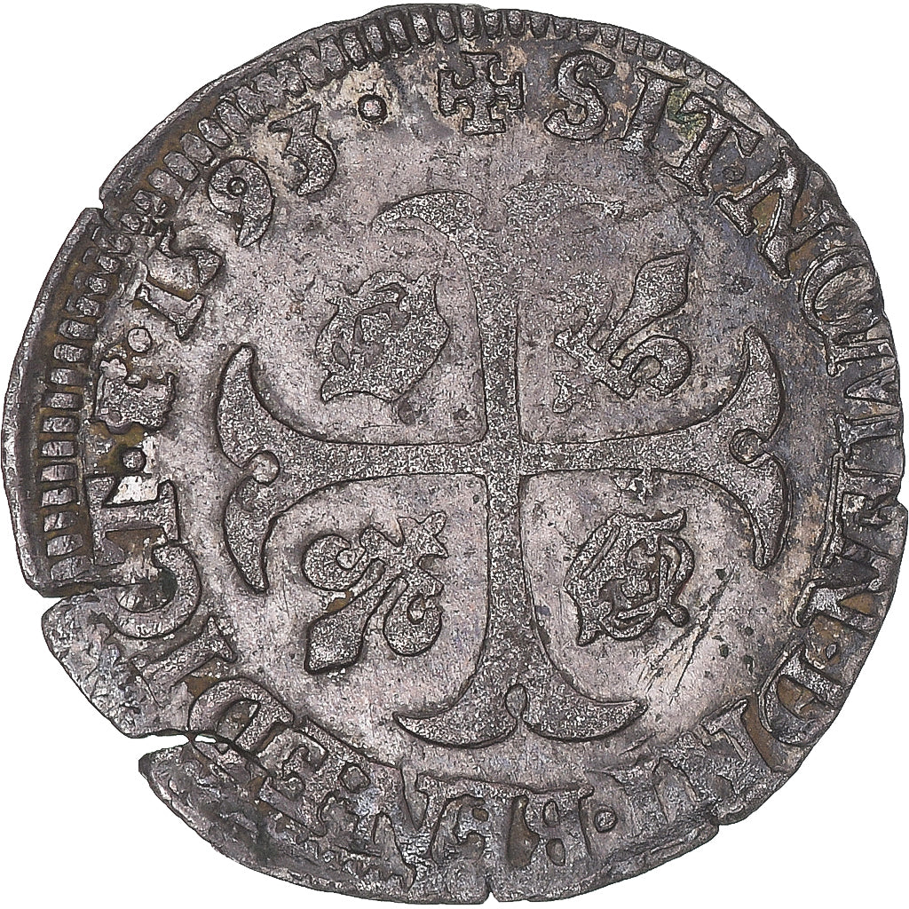 Monnaie, France, Henri IV, Douzain aux deux H, 1593, Saint Lô, SUP, Billon