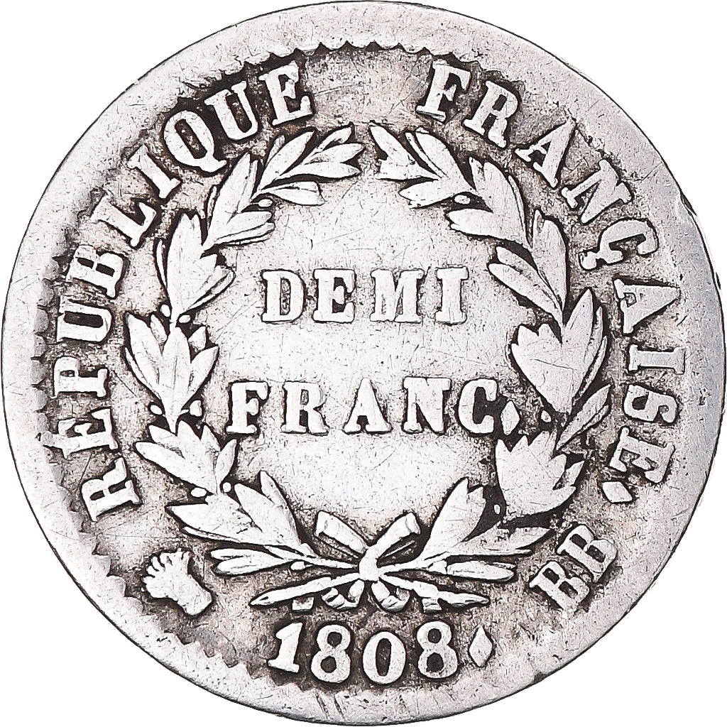 Coin, France, Napoléon I, 1/2 Franc, 1808, Strasbourg, VF(20-25), Silver