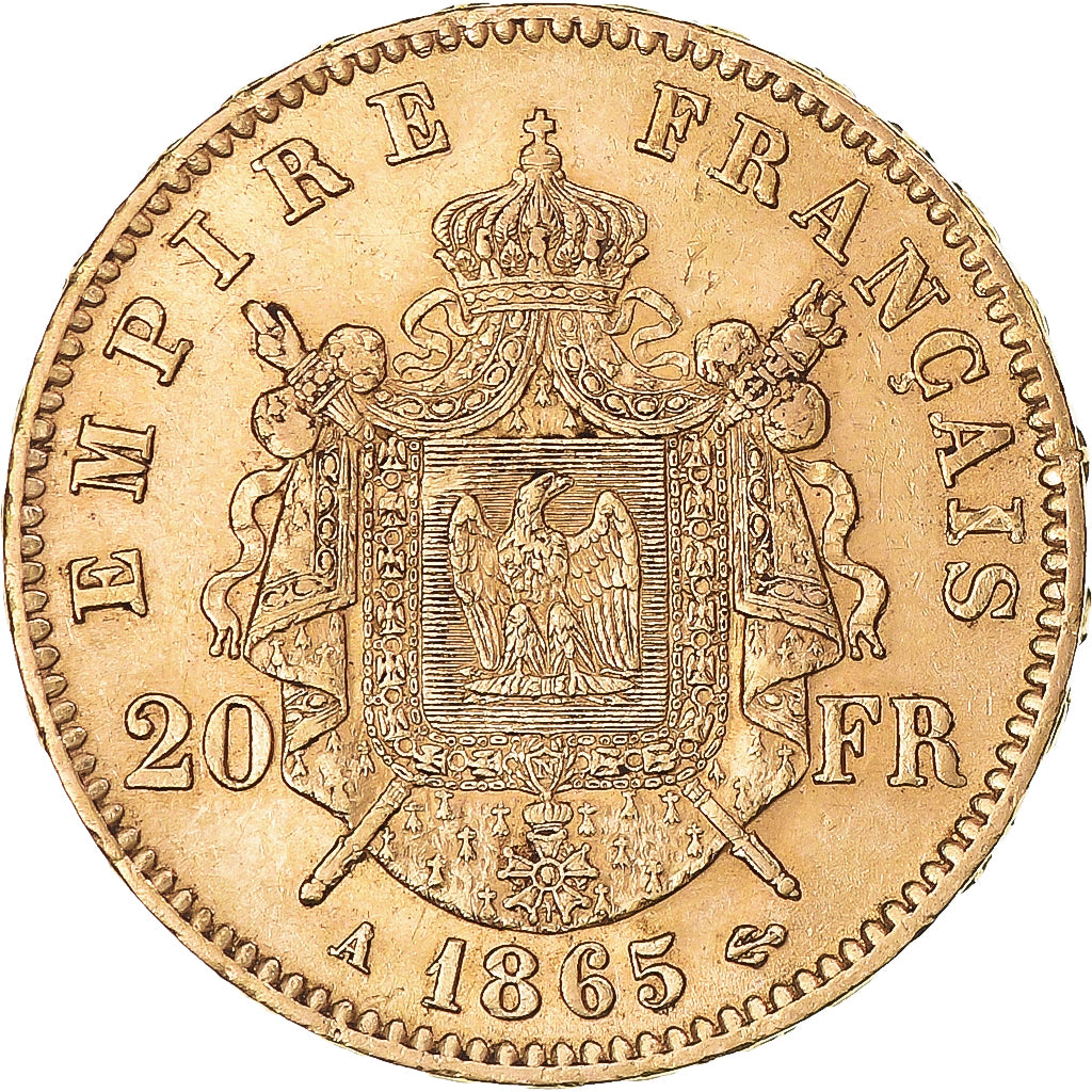 Moneta, Francia, Napoleon III, 20 Francs, 1865, Paris, BB+, Oro, KM:801.1