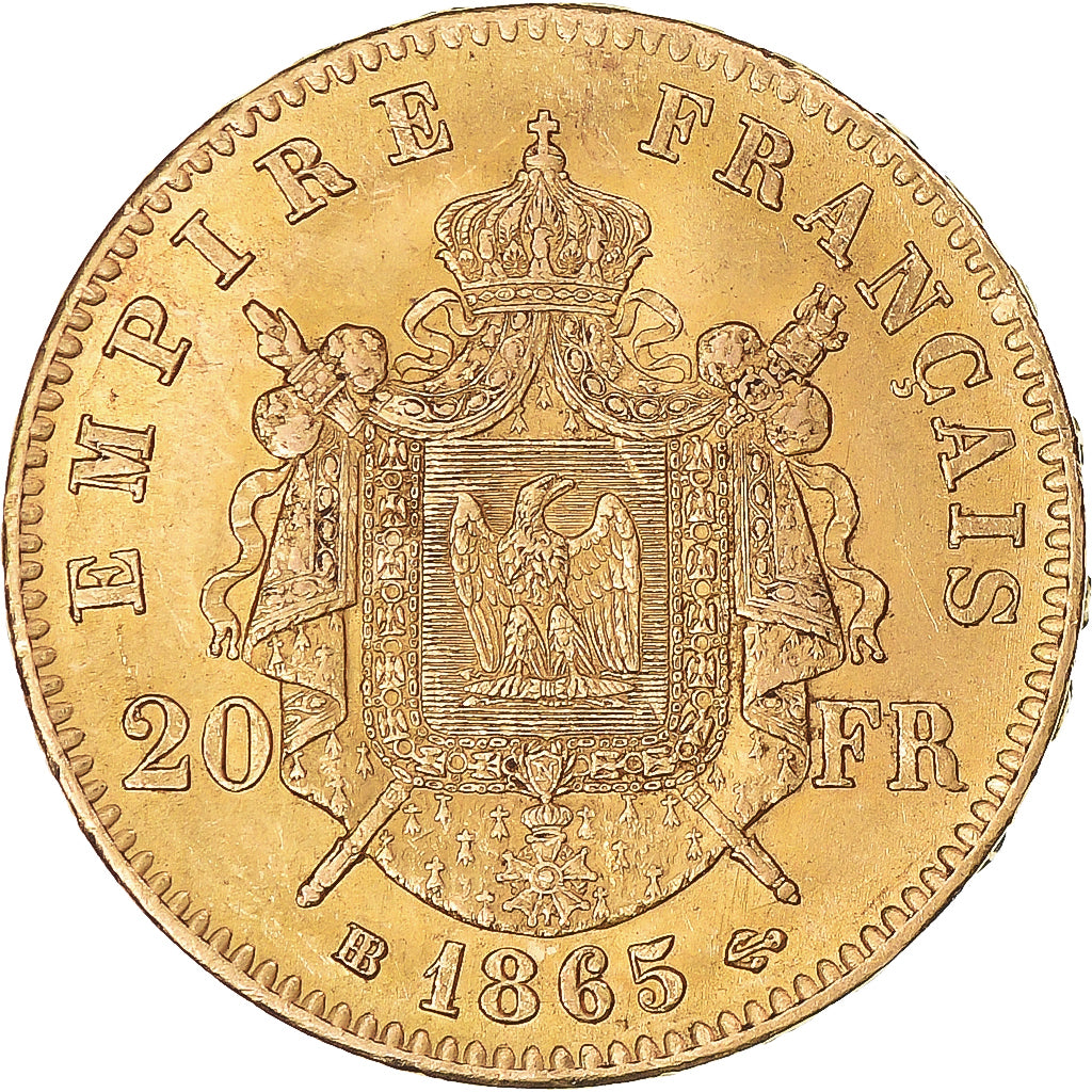 Moeda, França, Napoleon III, 20 Francs, 1865, Strasbourg, AU(50-53), Dourado