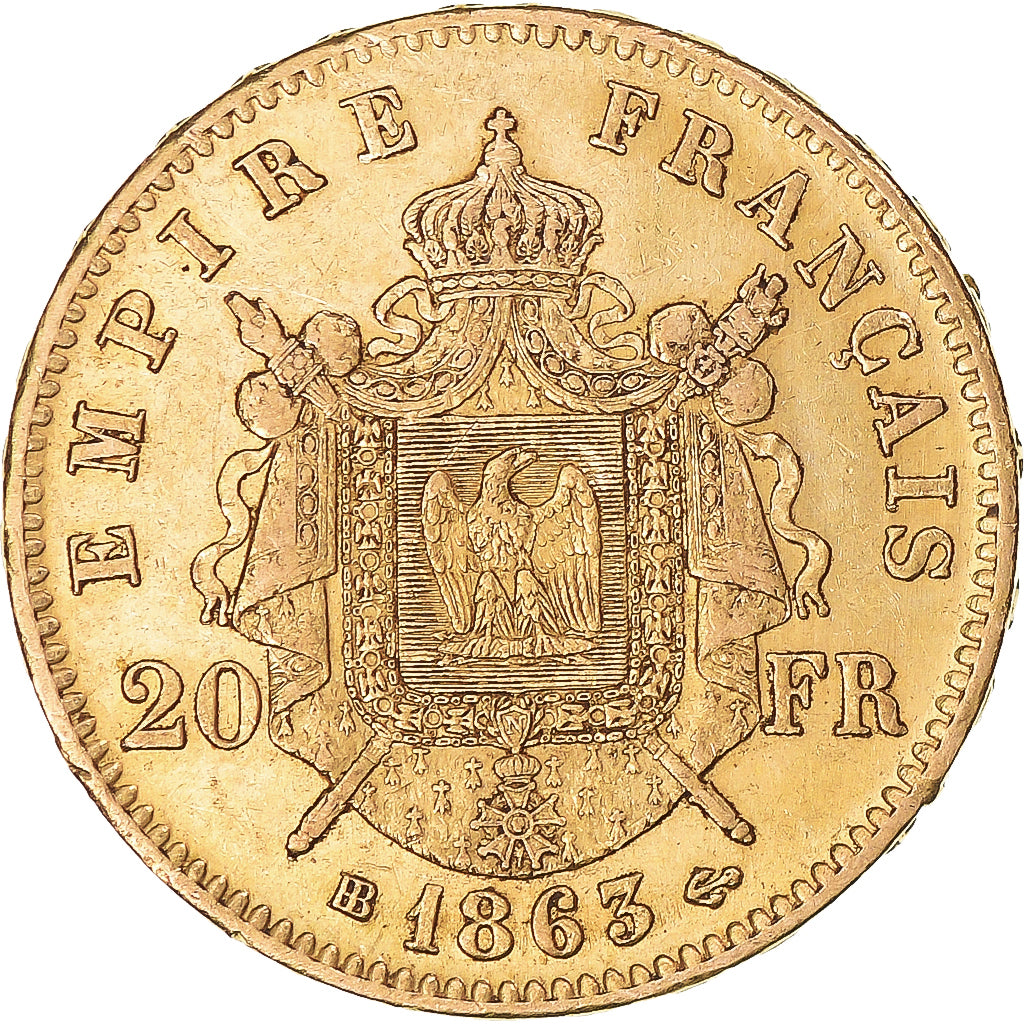 Moneta, Francia, Napoleon III, 20 Francs, 1863, Strasbourg, BB, Oro, KM:801.2