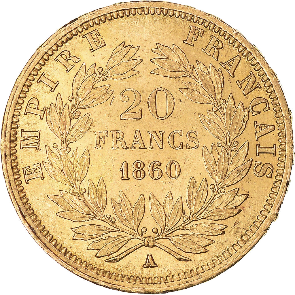 Moneta, Francia, Napoleon III, 20 Francs, 1860, Paris, BB+, Oro, KM:781.1