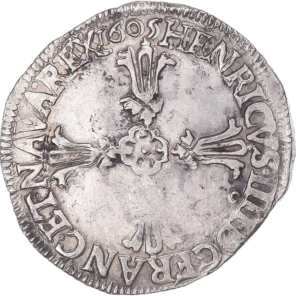 Moeda, França, Henri IV, 1/4 d'écu à la croix feuillue de face, 1605, Rennes