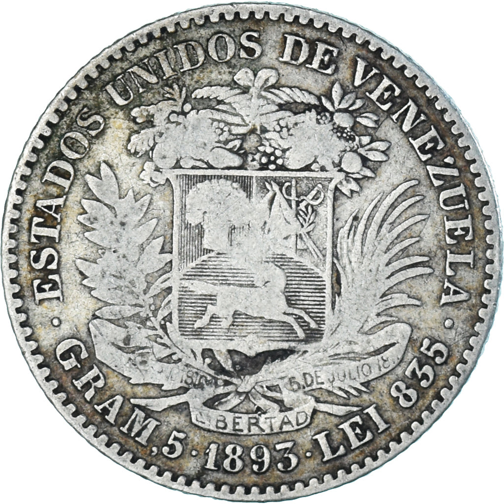 Monnaie, Venezuela, Gram 5, Bolivar, 1893, Paris, TB, Argent, KM:22