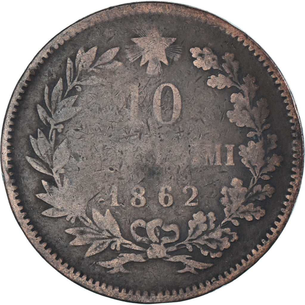 Moneta, Włochy, Vittorio Emanuele II, 10 Centesimi, 1862, F(12-15), Miedź