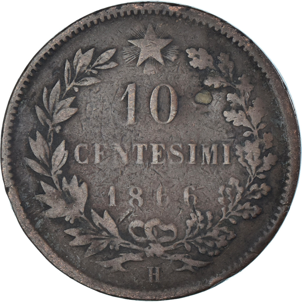 Moeda, Itália, Vittorio Emanuele II, 10 Centesimi, 1866, Birmingham, VF(20-25)