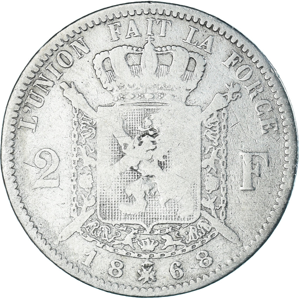 Coin, Belgium, Leopold II, 2 Francs, 2 Frank, 1868, Brussels, VF(20-25), Silver