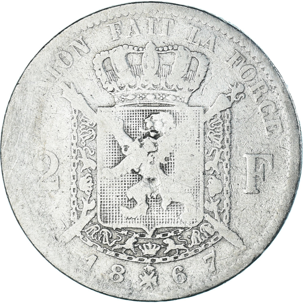 Coin, Belgium, Leopold II, 2 Francs, 2 Frank, 1867, Brussels, VF(20-25), Silver