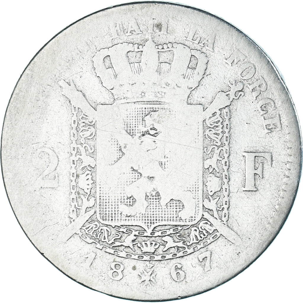 Coin, Belgium, Leopold II, 2 Francs, 2 Frank, 1867, Brussels, F(12-15), Silver