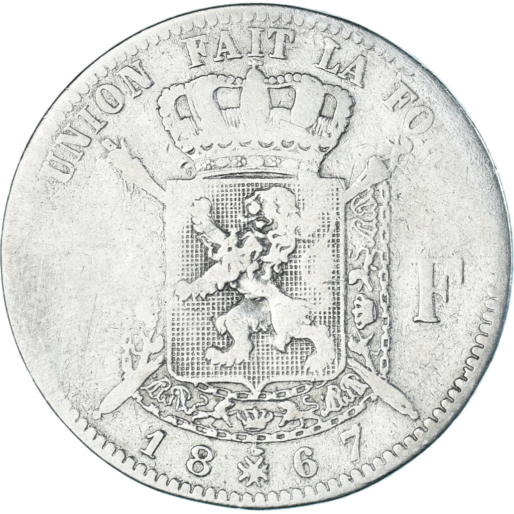 Coin, Belgium, Leopold II, 2 Francs, 2 Frank, 1867, Brussels, F(12-15), Silver