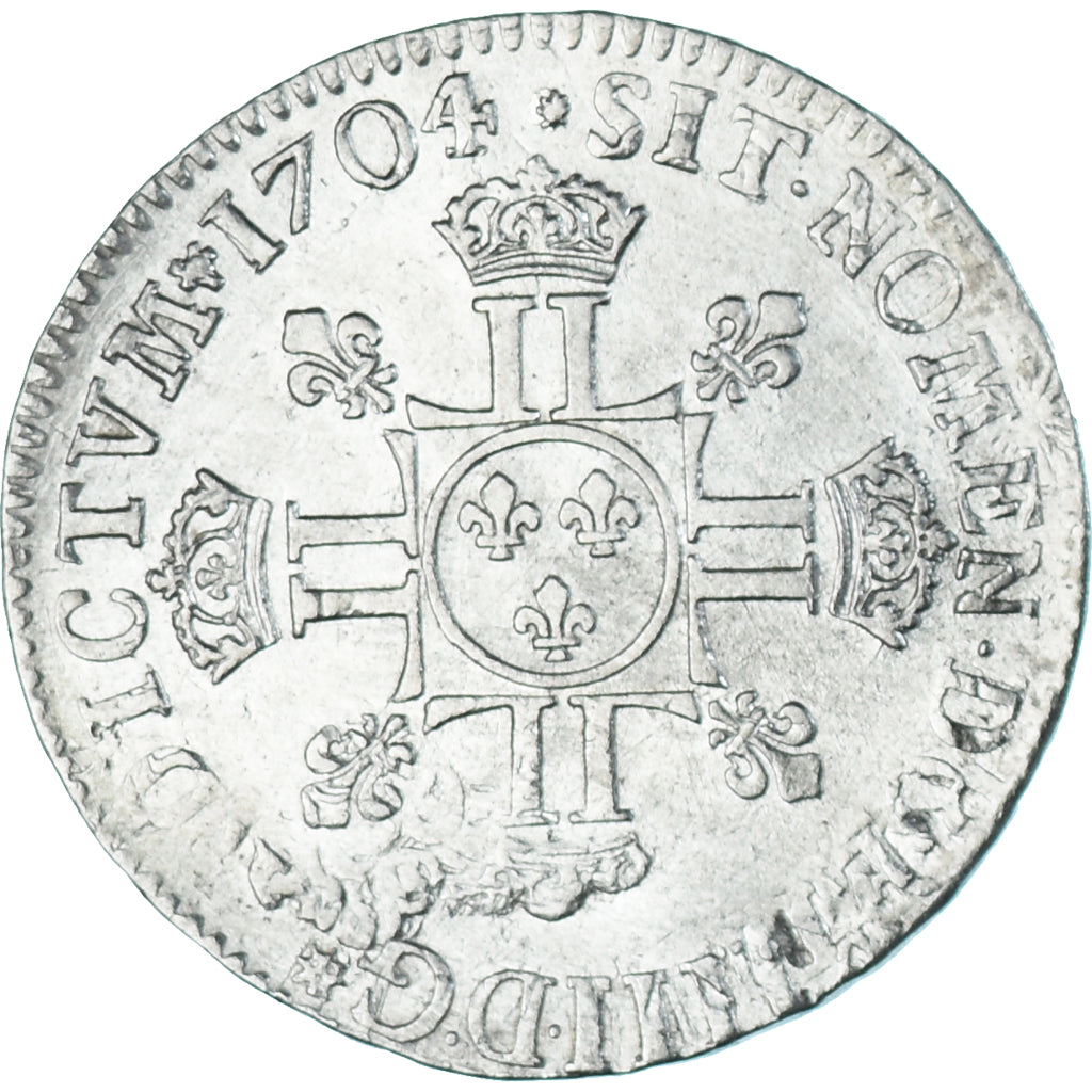 Moeda, França, Louis XIV, 1/2 écu aux 8L, 2e type, 1704, Lyon, réformé