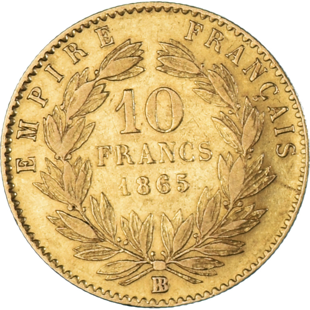 Moneta, Francia, Napoleon III, 10 Francs, 1865, Strasbourg, MB+, Oro, KM:800.2