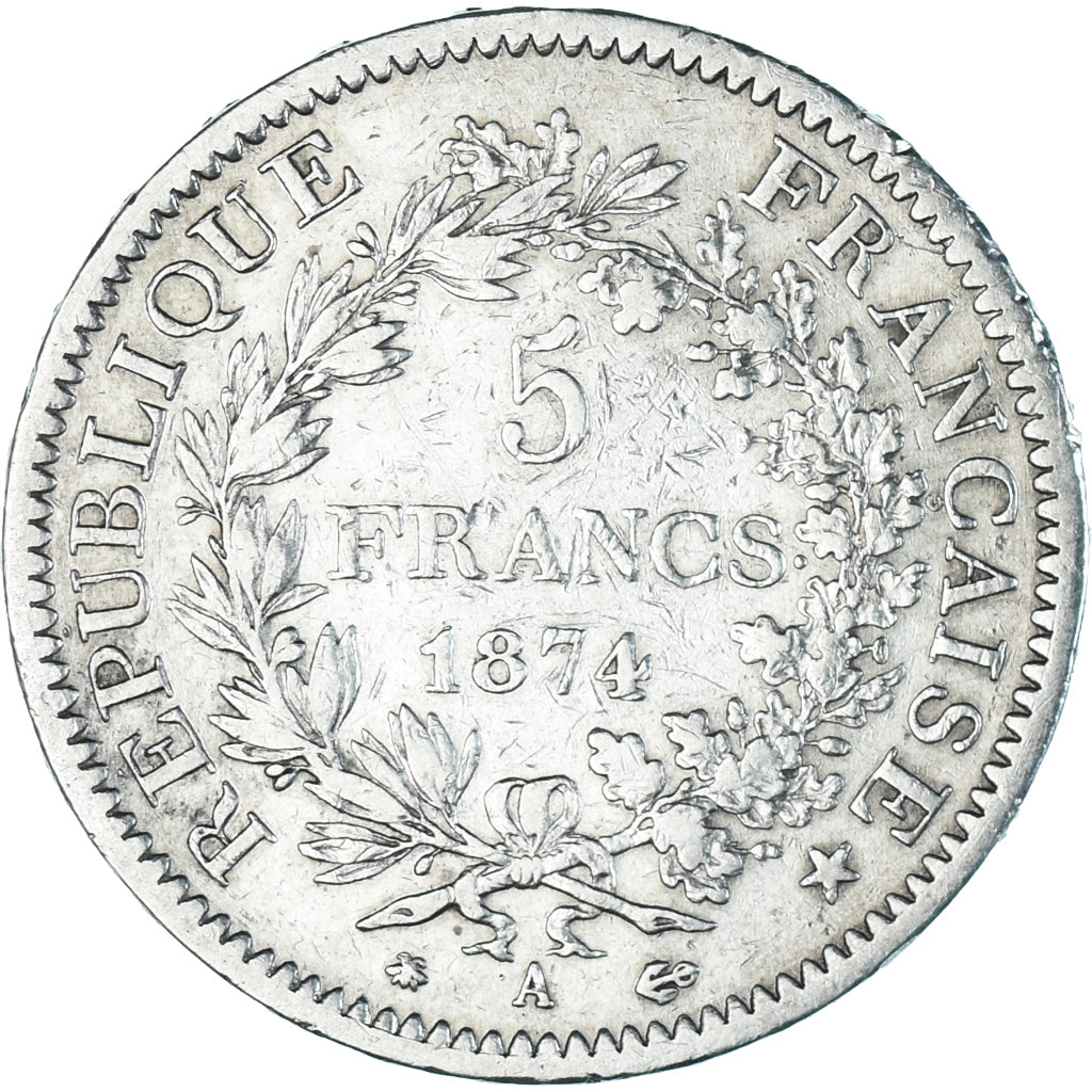 Moneta, Francia, Hercule, 5 Francs, 1874, Paris, MB+, Argento, KM:820.1