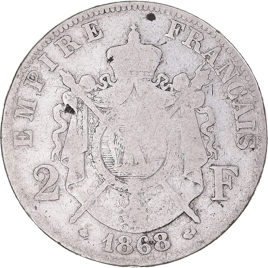 Moneda, Francia, Napoleon III, 2 Francs, 1968, Paris, BC, Plata, KM:807.1
