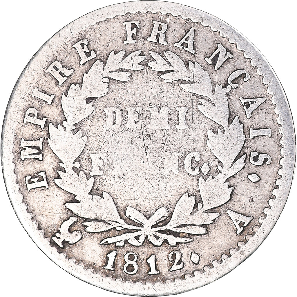 Moneda, Francia, Napoléon I, 1/2 Franc, 1812, Paris, BC+, Plata, KM:691.1